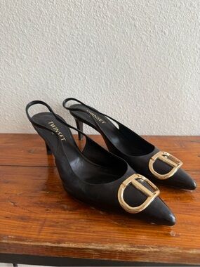 Twin-Set Black Pointed Slingback Pumps with Gold Buckle Accent